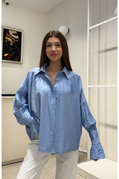 HEDEF DAİSY Cămașă de damă de culoare albastră detaliu încrețit supradimensionat cu croială largi