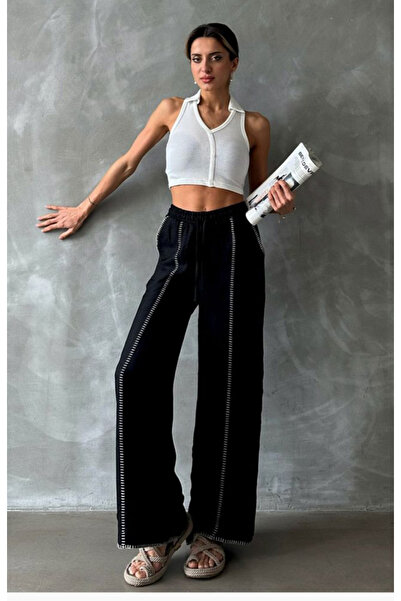 HEDEF DAİSY Παντελόνι σε μαύρο χρώμα με λεπτομέρεια κεντήματος στο κάτω μέρος