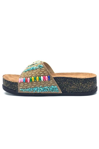 KOCAMANLAR Feles Single Buckle Cork Sole Stone Detailed Women's Slippers Gold