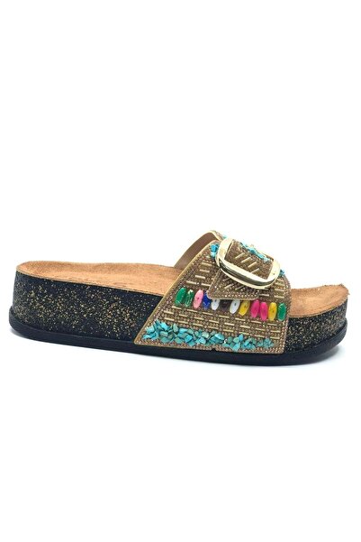 KOCAMANLAR Feles Single Buckle Cork Sole Stone Detailed Women's Slippers Gold