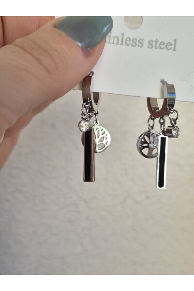 Pinkimaj Hayat Ağacı Detaylı Siyah Çubuk Model Küpe Çeliktir Gümüş Renk