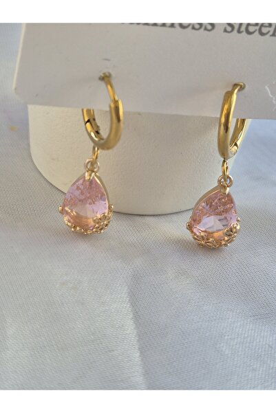 Pinkimaj Damla Küpe Çelik Gold Taşlı Küpe Altın Montürlü