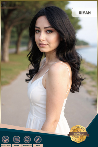 KONAK PERUK Kahkülsüz Fiber Sentetik Orta Boy Dalgalı Peruk - Siyah