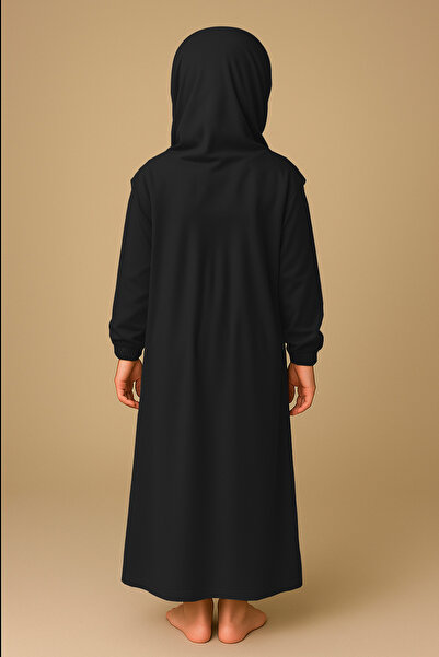 Mesa Charm Tek Parça Organik Pamuklu Başörtülü Tak Çıkar Tesettür Çocuk Namaz Elbisesi Siyah