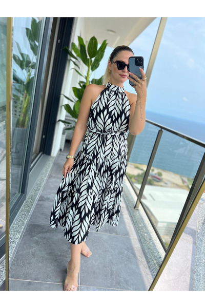 DISHI FASHİON Halter Yaka Yaprak Desenli Elbise