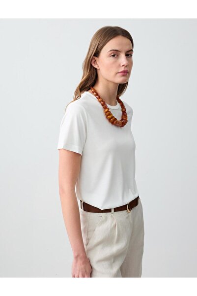 Jimmy Key Beyaz Bisiklet Yaka Kısa Kollu Örme Modal Tişört