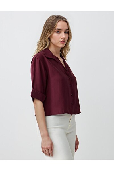 Jimmy Key Κοντό υφαντό πουκάμισο με μανίκια μπορντό με ίσιο κόψιμο