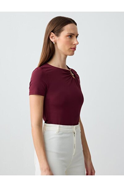 Jimmy Key Bordo Asimetrik Yaka Kısa Kollu Örme Bluz