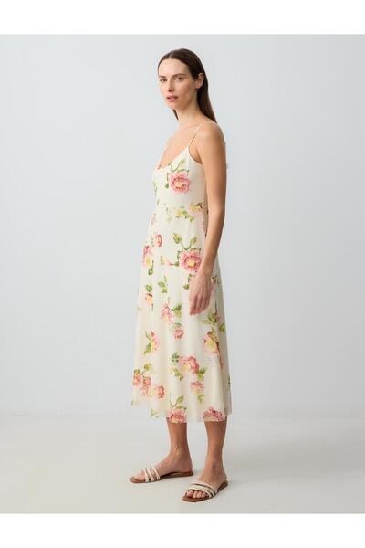 Jimmy Key Bej Dar Kesim Askılı Açık Yaka Desenli Mesh Örme Midi Elbise