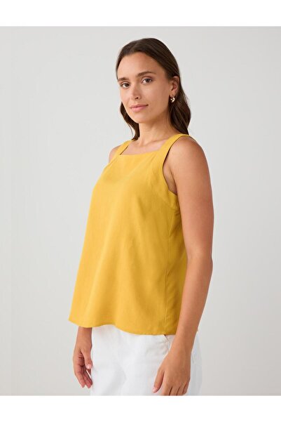 Jimmy Key Mustard Square Neck Sleeveless Linen Blend Blouse