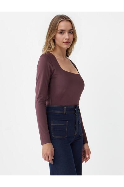 Jimmy Key Πλεκτή μακρυμάνικη μπλούζα με τετράγωνο γιακά σε γυαλιστερό καφέ χρώμα