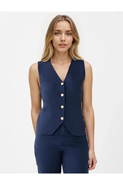 Jimmy Key Navy Blue Slim Fit Shiny Button Detailed Knitwear Vest