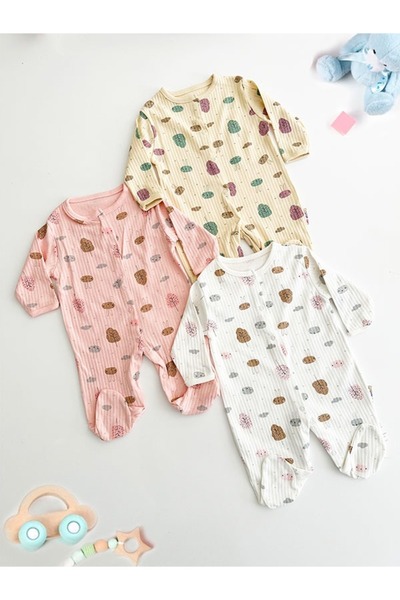 ENİA BABY Baby Girl Leaf Patterned Booties Jumpsuit and Cotton 3 Pieces