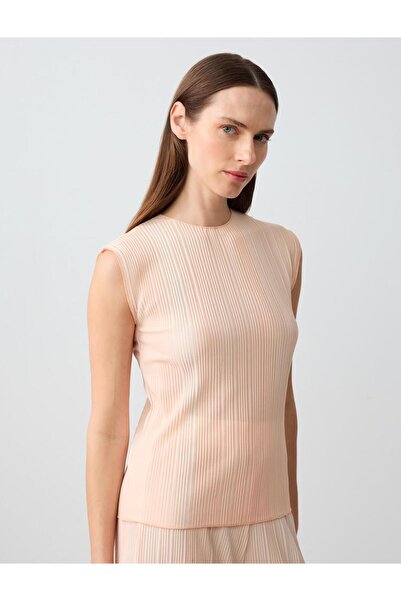 Jimmy Key Somon Pembe Rahat Kesim Yuvarlak Yaka Kolsuz Çizgili Örme Bluz
