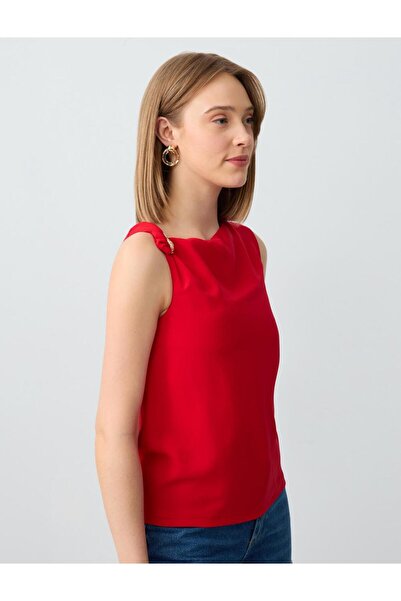 Jimmy Key Kırmızı Düz Kesim Kayık Yaka Kolsuz Dokuma Bluz