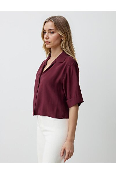 Jimmy Key Κοντό υφαντό πουκάμισο με μανίκια μπορντό με ίσιο κόψιμο