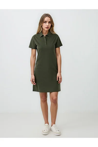 Jimmy Key Khaki Straight Cut Shirt Collar Short Sleeve Mini Knitted Dress