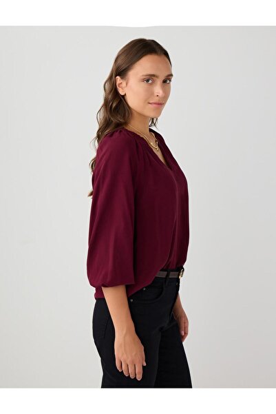 Jimmy Key Bordo V Yaka Truvakar Kol Rahat Kesim Dokuma Bluz