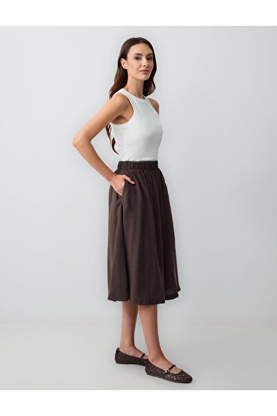 Jimmy Key Acı Kahve Rahat Kesim Yüksek Bel Dokuma Midi Etek