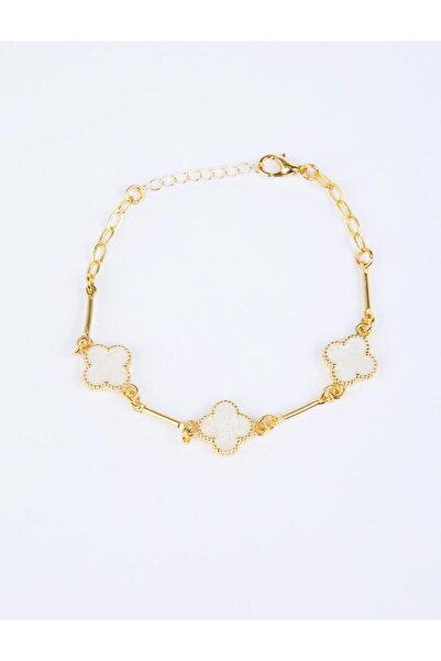 Jimmy Key Beyaz Parlak Yonca Figürlü Bileklik