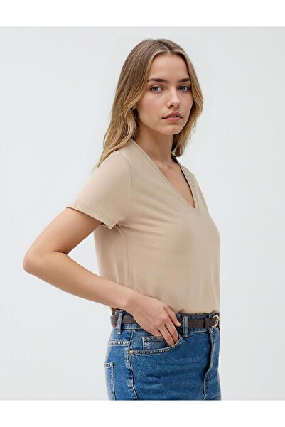 Jimmy Key Vizon V Yaka Kısa Kollu Örme Modal Tişört