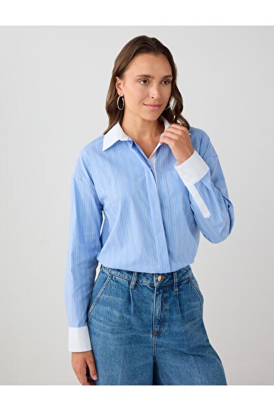 Jimmy Key Açık Mavi Çizgi Desenli Uzun Kollu Dokuma Gömlek