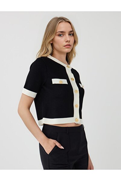 Jimmy Key Μαύρη κοντομάνικη ζακέτα με στρογγυλή λαιμόκοψη