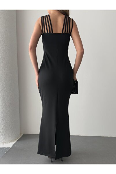 Modayakamoz Yeni Sezon Kadın Omuz Çoklu Askılı Taş İşlemeli Krep Maxi Elbise