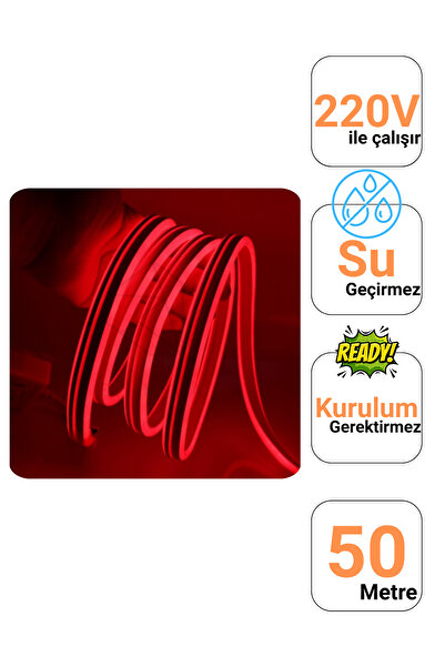 Ema Dükkan 50 Metre Kırmızı 220 Volt Neon Led Tak Çalıştır Esnek Şerit Neon Led Aydınlatma 8x16 Mm Hortum Led