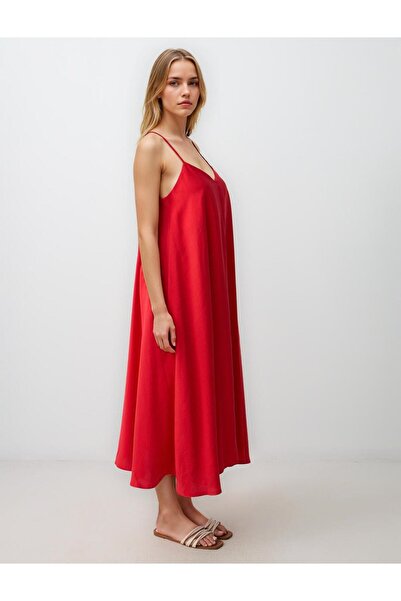 Jimmy Key Kırmızı Rahat Kesim V Yaka Askılı Dokuma Midi Elbise