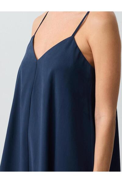 Jimmy Key Navy Blue Relaxed Cut V-Neck Strap Woven Midi Dress