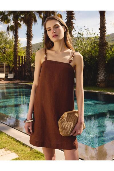 Jimmy Key Bitter coffee straight cut straight collar linen dress
