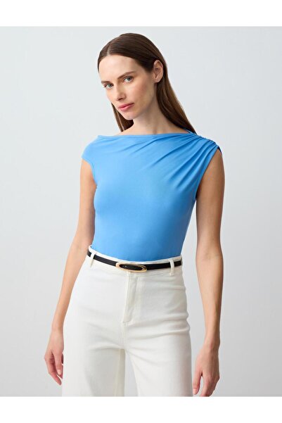 Jimmy Key Mavi Düz Kesim Kayık Yaka Tek Omuzlu Örme Bluz