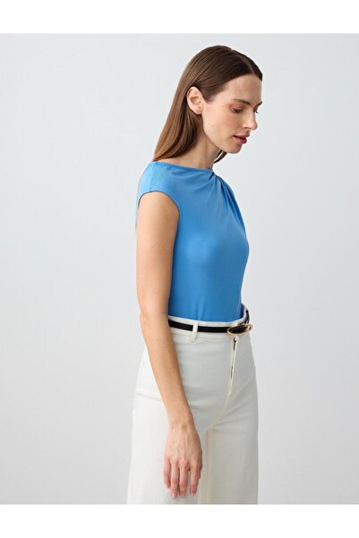 Jimmy Key Mavi Düz Kesim Kayık Yaka Tek Omuzlu Örme Bluz