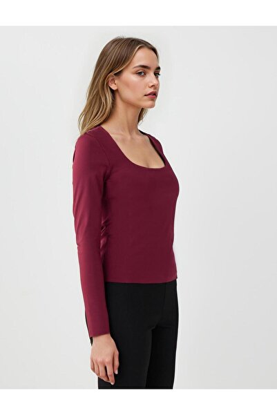 Jimmy Key Bordo Kare Yaka Dar Kesim Uzun Kollu Örme Bluz