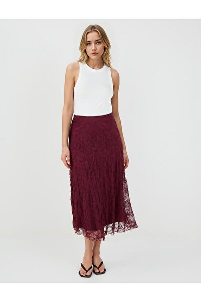 Jimmy Key Burgundy High Waist Lace Detailed Knitted Midi Skirt