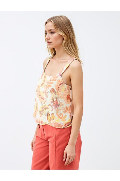 Jimmy Key Sarı Askılı Kare Yaka Desenli Dokuma Bluz