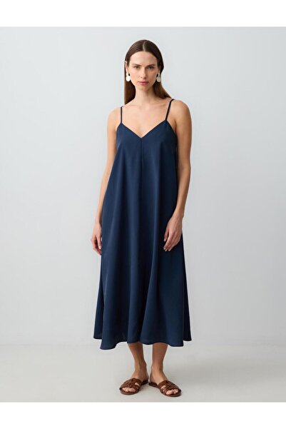 Jimmy Key Navy Blue Relaxed Cut V-Neck Strap Woven Midi Dress
