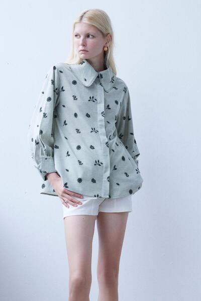 By Mare Style Adorlee-Water Green Organic Cotton Embroidered Shirt