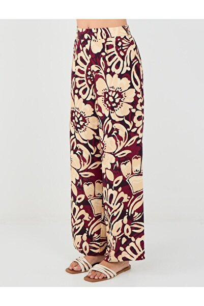 Jimmy Key Bordo Yüksek Bel Bol Paça Uzun Desenli Pantolon