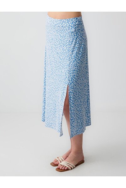 Jimmy Key Blue Floral Patterned Regular Waist Slit Midi Knitted Skirt