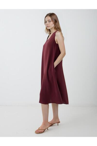 Jimmy Key Bordo V Yaka Bol Kesim Dokuma Elbise