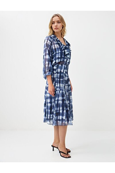 Jimmy Key Lacivert Normal Bel Düz Kesim Desenli Midi Şifon Etek