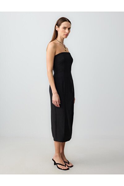 Jimmy Key Siyah Dar Kesim Straplez Dokuma Midi Elbise