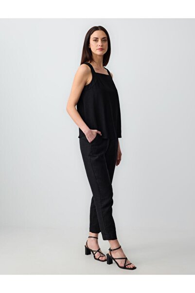 Jimmy Key Siyah %100 Keten Yüksek Bel Normal Paça Dokuma Pantolon