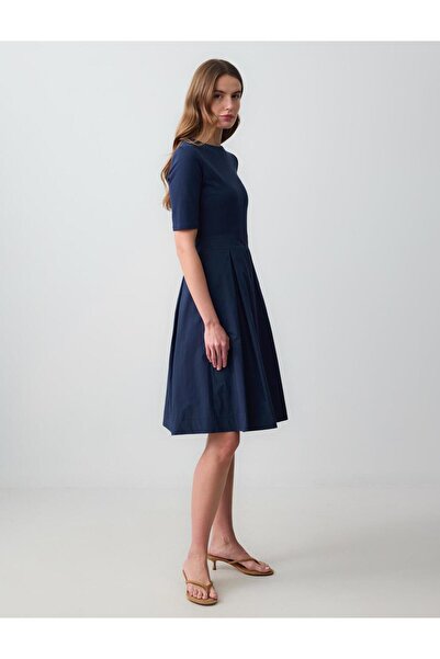 Jimmy Key Navy Blue Crew Neck Short Sleeve Woven Midi Dress