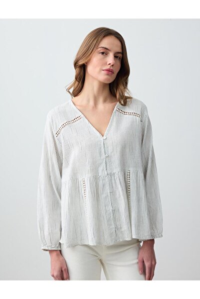 Jimmy Key Блуза с дълъг ръкав с V-образно деколте и свободна кройка в екрю цвят