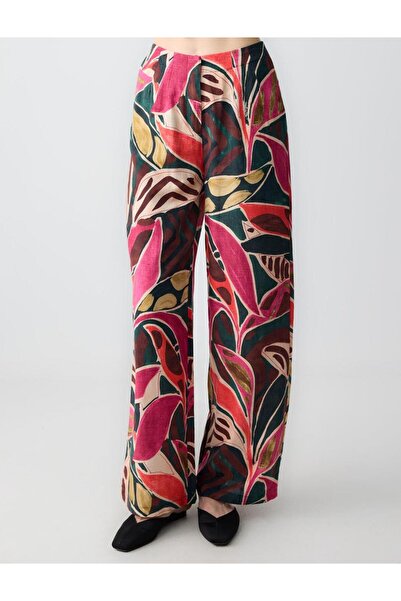 Jimmy Key Karışık Rahat Kesim Yüksek Bel Bol Paça Çiçek Desenli Keten Pantolon