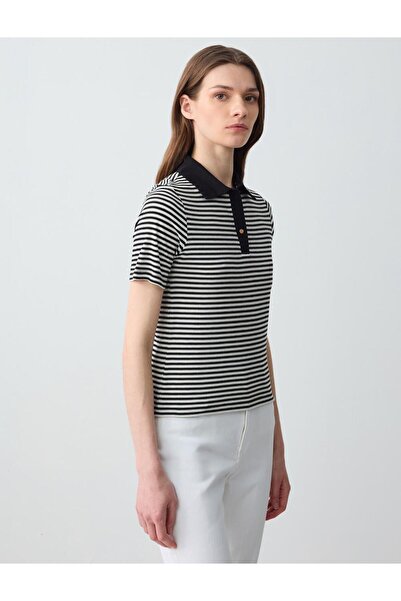 Jimmy Key Black Polo Neck Short Sleeve Stripe Patterned Knitted Blouse