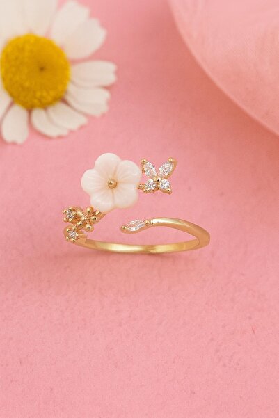 AURRARİ Kadın 18k Altın Kaplama Sedef Çiçek Motifli Ayarlanabilir Çelik Yüzük (exclusive)